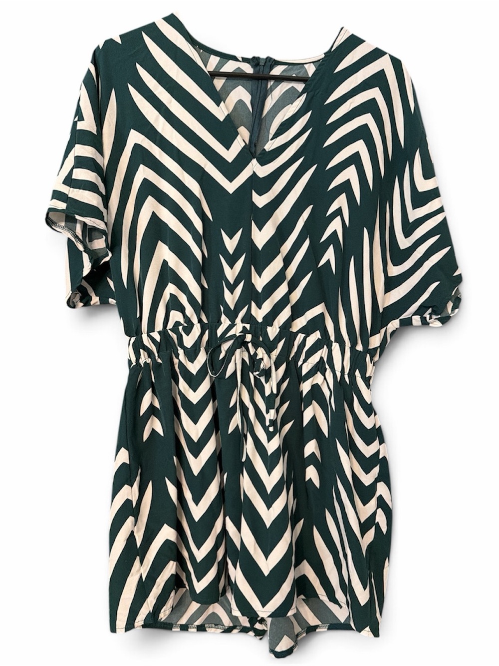 SHEIN Green and White Chevron print Drawstring Romper